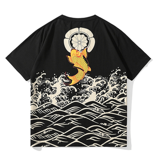 和风T恤烫金宽松纯棉个性 女情侣装 男款 鲤鱼海浪樱花潮牌日系个性
