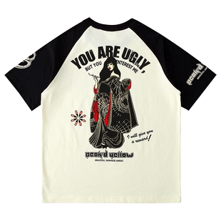 爆音娘2022短袖T恤夏新款和风日系花魁男士插肩拼色日系美女潮牌