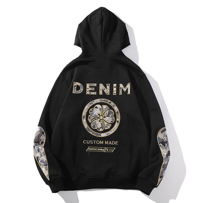 金线刺绣套头连帽加绒卫衣横须贺刺绣麒麟臂水滴袖男款女日系潮牌