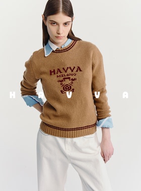 HAVVA设计感拼色提花短款毛衣女叠穿保暖针织衫上衣2025冬M3-4361