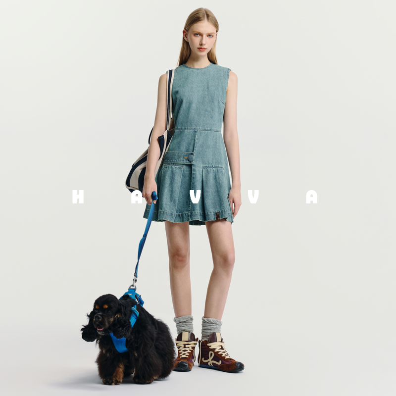 HAVVA设计感无袖背心连衣裙短款A字收腰女士牛仔裙2025夏Q3-3707
