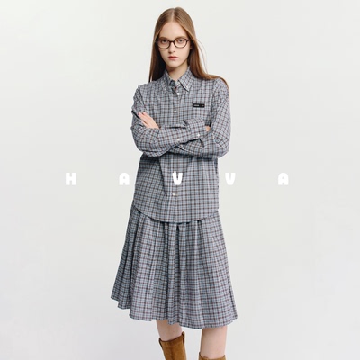 HAVVA格纹百褶半身裙腰头拼接撞色设计女士裙子2026春夏S3-5464