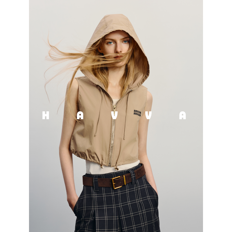 HAVVA叠搭短款连帽坎肩马夹外套抽绳女背心马甲2026春夏J3-07790,女装/女士精品,马夹,淘宝优惠券,粉丝福利购,淘宝优惠卷