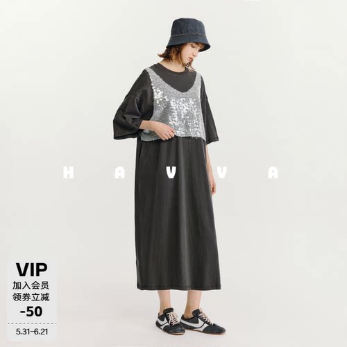 HAVVA女士加厚拼接亮片连衣裙
