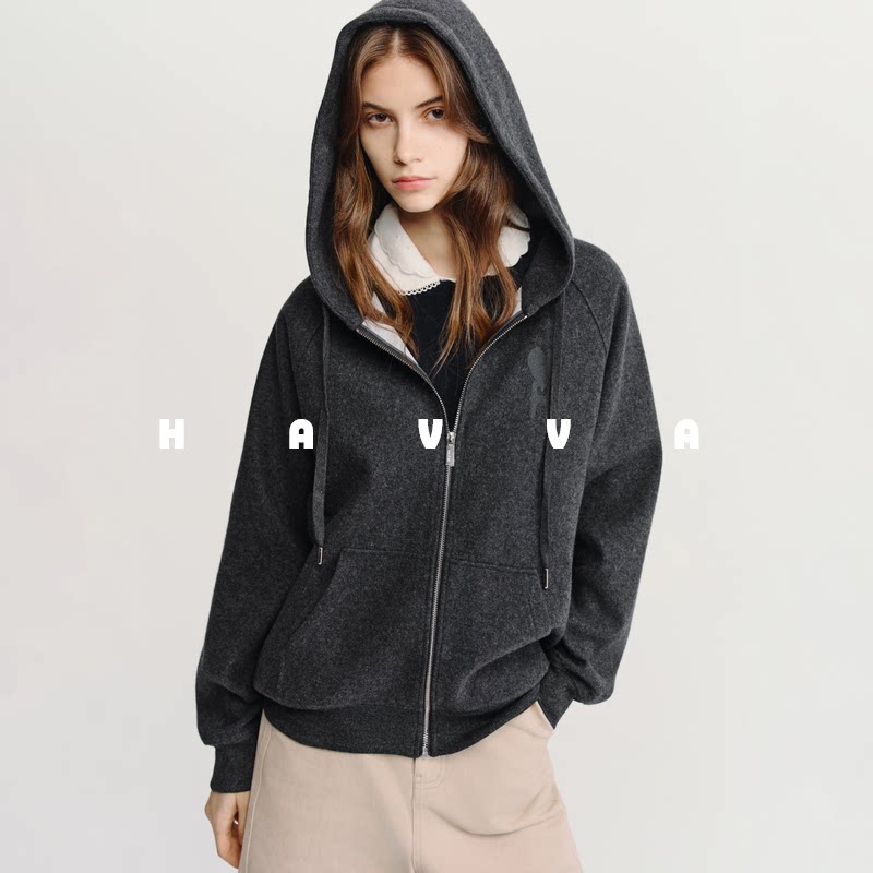 HAVVA连帽拉链羊毛呢外套宽松显瘦遮肉女士上衣2026春季W3-5109