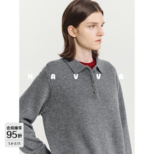 HAVVA宽松翻领纽扣门襟针织衫柔软舒适保暖女毛衣2025冬季M3-4817