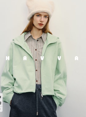 HAVVA双股精梳长绒棉质感连帽卫衣散边下摆女上衣2026春季W3-3754