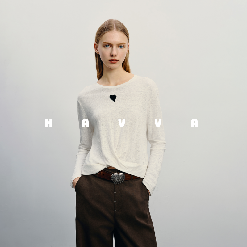 HAVVA设计感小众短款打底衫超薄长袖T恤内搭女上衣2026春季T17100