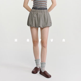 5405 2026春KD3 HAVVA拼接腰头格纹花苞短裤 设计感显瘦显女士裙裤