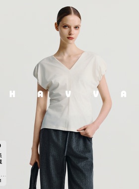 HAVVA设计感抽褶V领小盖袖T恤收腰修身女士上衣2026春夏T3-1103