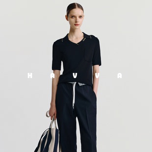 上衣2025夏M3 舒适透气女士半袖 3418 针织衫 HAVVA休闲翻领正肩短袖