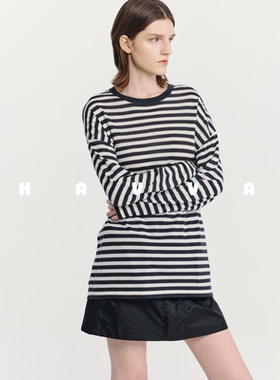 HAVVA经典圆领条纹长袖针织衫舒适显瘦女士上衣2026年春季M3-4849