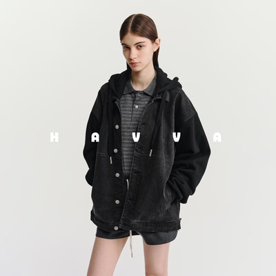 HAVVA廓形设计感拼接牛仔外套宽松连帽女士上衣2025秋冬W3-0790