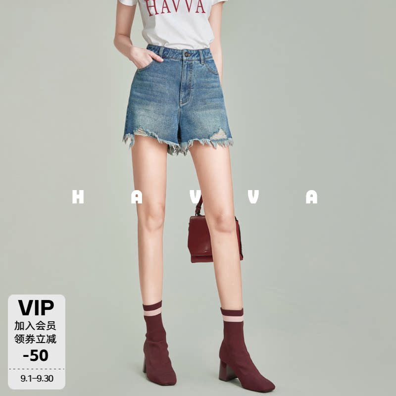 HAVVA经典A版牛仔短裤复古手工磨破毛边女士短裤2026夏季KD45143图片
