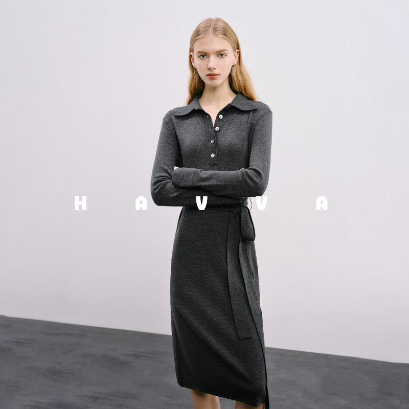 HAVVA修身长袖针织连衣裙舒适好穿女士中长款裙子2025秋冬Q3-0606