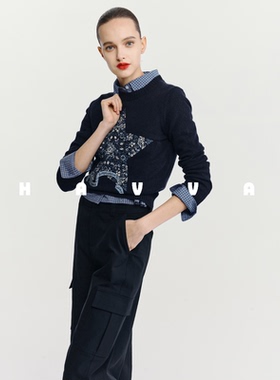 HAVVA设计感刺绣毛衣修身短款女士套头针织衫上衣2025秋冬M3-4359