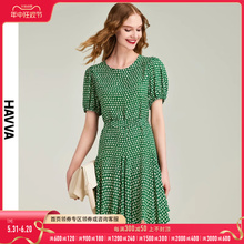 新款 绿色波点连衣裙女气质短款 法式 泡泡袖 裙子Q2006 HAVVA2024夏季