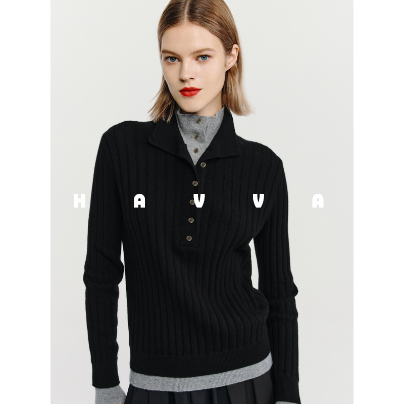 HAVVA高级感半高领假两件毛衣女保暖套头针织衫上衣2025秋M3-4567