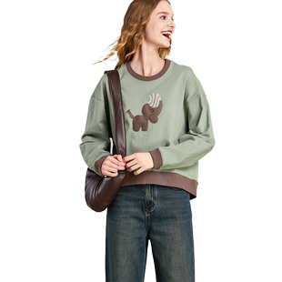 HAVVA设计感拼色圆领卫衣宽松短款套头女士上衣2026春季V3-0816