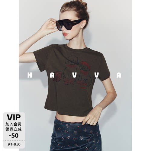 HAVVA街头风Croptop短款修身版型女士短袖T恤2026夏季T3-6943