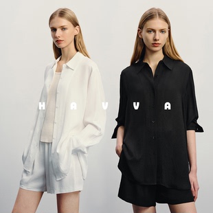 上衣松紧腰短裤 女两件套2025夏季 套装 3317 长袖 HAVVA好穿搭衬衫
