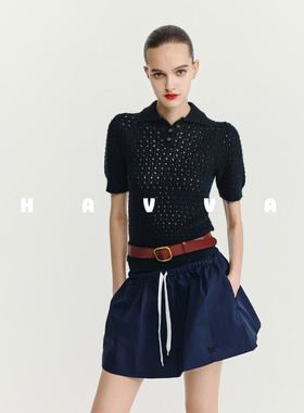 HAVVAPolo领镂空设计半袖针织衫正肩翻领女士上衣2025夏季M3-3448