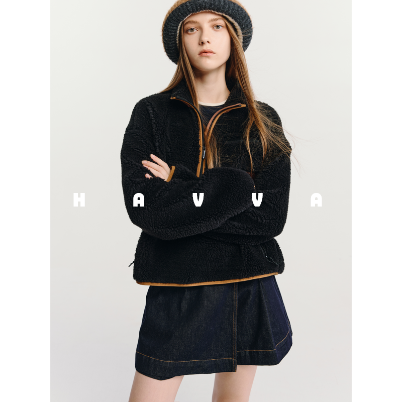 HAVVA设计感拼色半拉链仿生皮草外套女绒感保暖上衣2025冬P3-0262