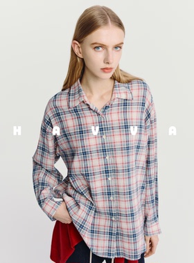 HAVVA美学拼色格纹长袖衬衫慵懒感女士上衣2026春季C3-4674