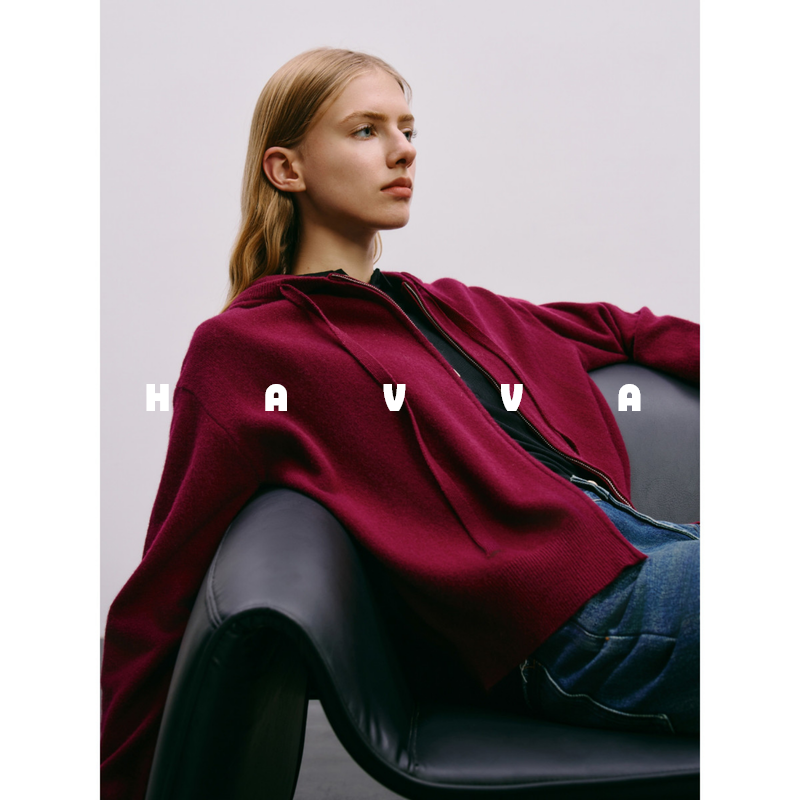 HAVVA双开拉链针织开衫外套好穿搭女士连帽上衣025秋冬季L3-04750