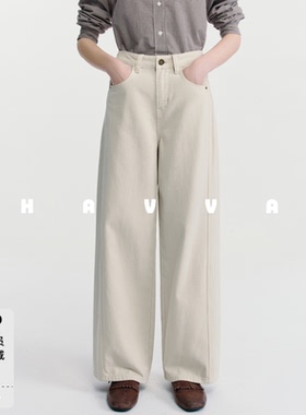 HAVVA宽松直筒加绒加厚牛仔裤遮胯显瘦女士裤子2025秋冬KH3-5248