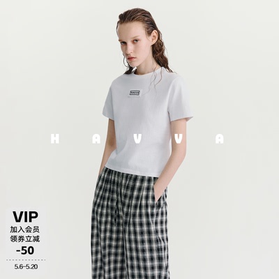 HAVVA棉润舒适圆领字母绣花短袖T恤显瘦女半袖2026夏季T3-1190