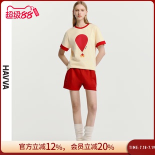 上衣2025夏T3 1370 T恤寬松長絨棉質感女士半袖 HAVVA撞色印花短袖