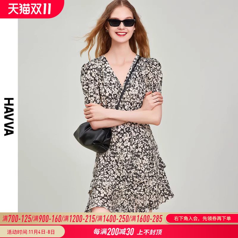HAVVA2023夏季新款雪纺连衣裙女气质短款修身显瘦泡泡袖裙子Q1975