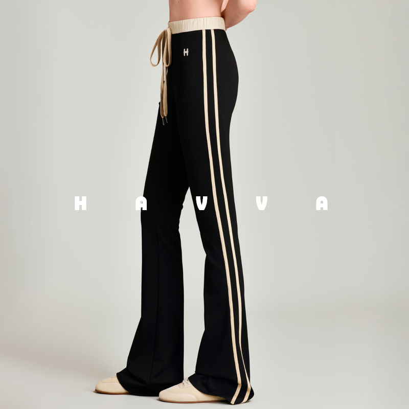 HAVVA松紧腰系带休闲撞色边线喇叭裤显腿长女士长裤2025秋KX99600