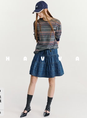 HAVVA松紧腰抽绳牛仔蛋糕裙A字版型显瘦女士短裙2026夏季S3-1688