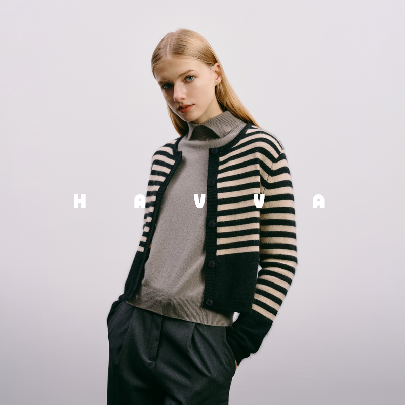 HAVVA显瘦条纹针织开衫短款女士外套打底上衣毛衣2025秋L3-05220
