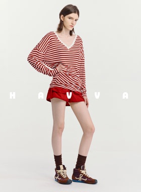 HAVVA经典撞色V领条纹长袖上衣不规则剪裁女士T恤2026夏季T3-4884