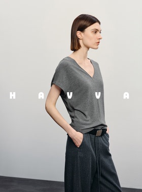 HAVVA气质v领短袖女显瘦半袖小众ins风通勤T恤2025夏季T3-00570