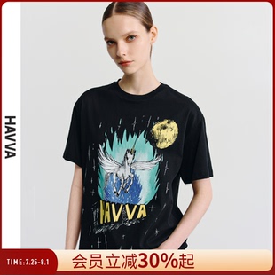 HAVVA黑色印花短袖 T70651 T恤女圆领半袖 上衣ins潮酷感2025夏季