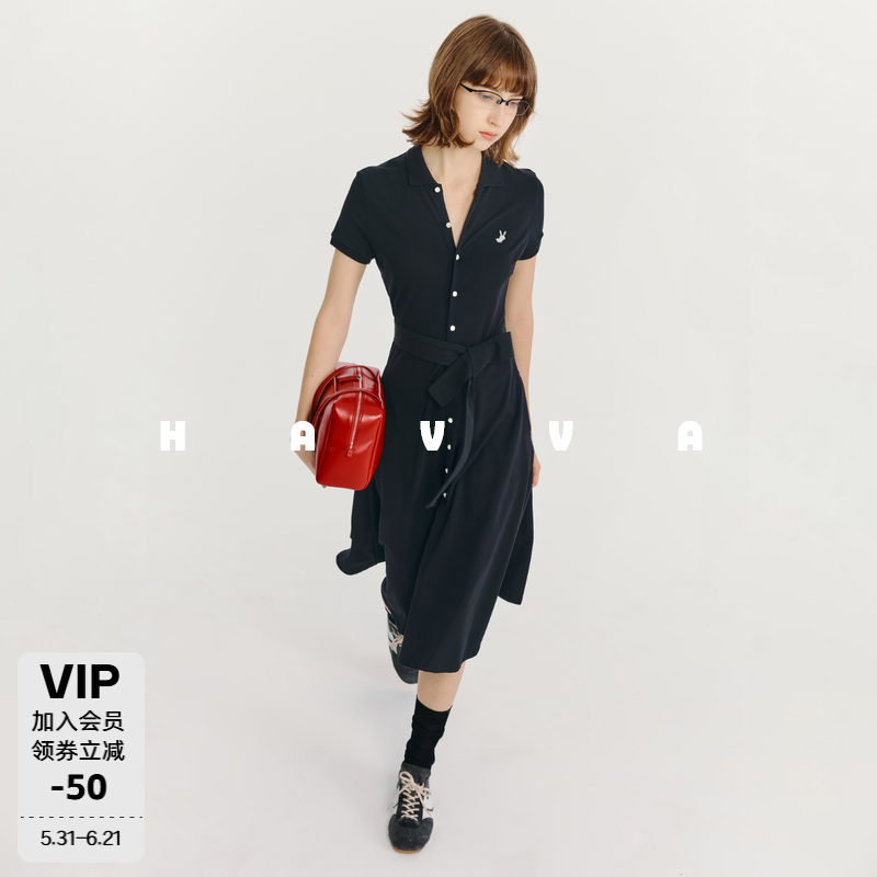 HAVVA翻领单排扣短袖连衣裙系带显瘦女士中长裙2026夏季Q3-23110