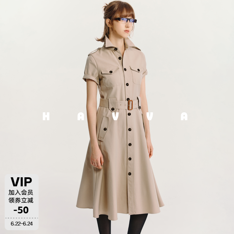 HAVVA收腰工装短袖风衣连衣裙