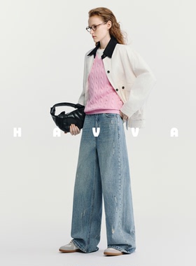 HAVVA手工磨破阔腿直筒牛仔裤宽松显瘦女士裤子2026春季KN3-3889