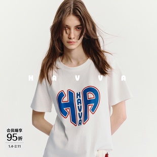 HAVVA松弛感印花短袖T恤精梳长绒棉质感女士半袖2026春夏T3-1266