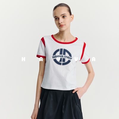 HAVVA美学撞色字母印花圆领短袖T恤短款女士半袖2026夏季T3-1326