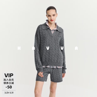 HAVVA绞花针织衫 2026春季 两件套女士套装 4519 直筒针织短裤