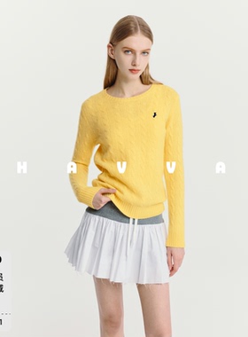 HAVVA设计感圆领绞花纹理毛衣女士套头保暖针织衫2025冬季M3-4555