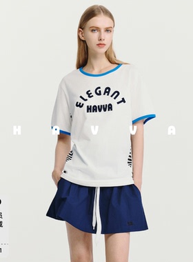 HAVVA美学撞色贴布绣短袖T恤舒适长绒棉女士上衣2026春夏T3-1371