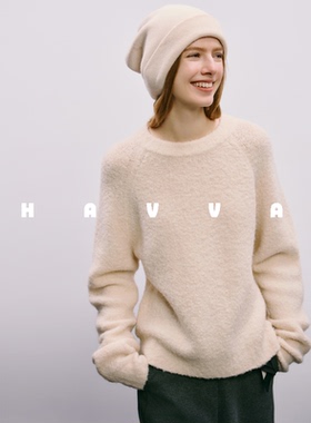 HAVVA立体绒感宽松慵懒毛衣毛混纺插肩袖女针织衫2025冬M3-05580