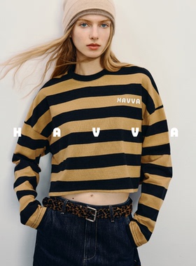 HAVVA松弛感短款条纹长袖T恤落肩袖女打底衫上衣2026春季T3-2959