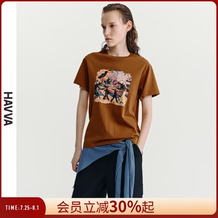 T70640 HAVVA短袖 t恤女宽松短款 印花半袖 ins风小众上衣2025春夏季
